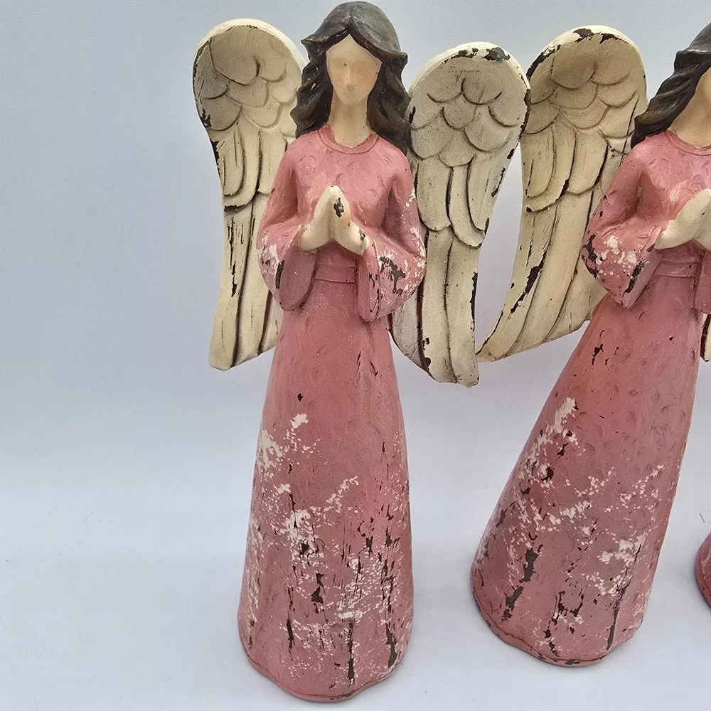 Set Of 3‎ Angel Figurines Pray Pink Praying Rustic Christmas Home Decor
